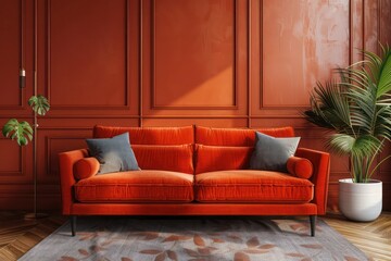 Mid-century interior design of modern living room: Terra cotta velvet sofa near wainscoting paneling wall for a stylish atmosphere