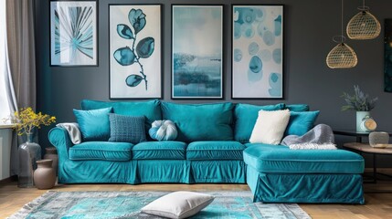 Modern living room with turquoise sofa and large posters for stylish interior design