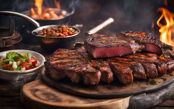 Kenyan nyama choma, grilled meat, kachumbari salad