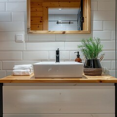 Fototapeta premium Scandinavian Bathroom Interior: Wall-Mounted Vanity and White Ceramic Vessel Sink for Contemporary and Stylish Look