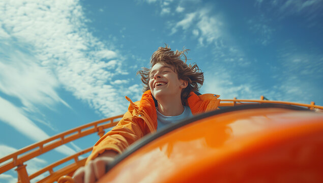 A teenage boy having fun on a roller coaster at an amusement park in summer. Concept of vacation, recreational activities, and fun.