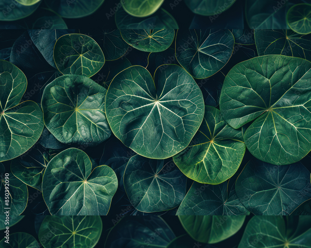 Poster lush green foliage close up view of beautiful green leaves with intricate patterns and textures in n