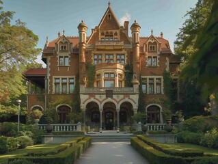 Fototapeta premium Charming Victorian Mansion with Verdant Gardens 
