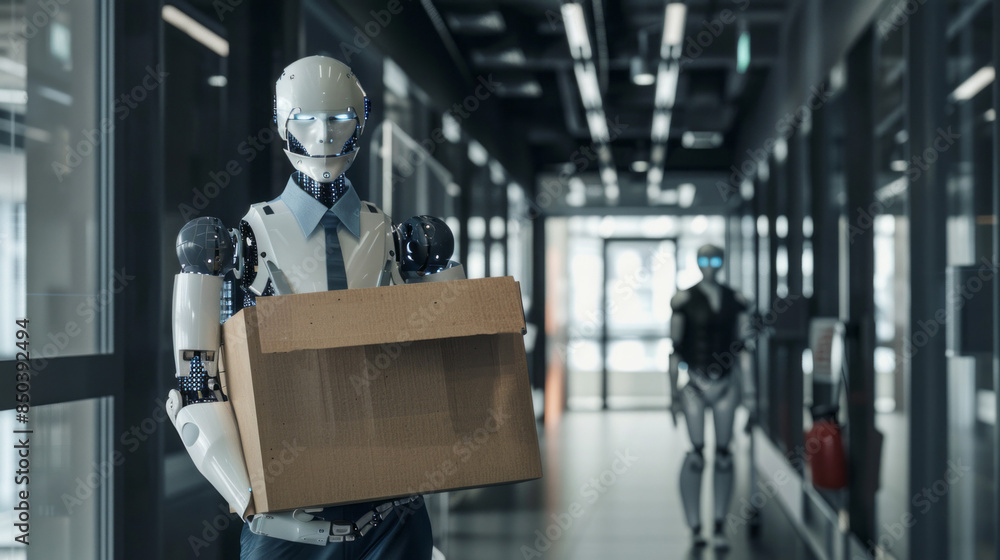 Poster a robot is holding a box in a hallway