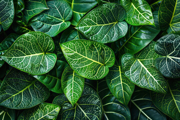 Fototapeta premium Lush Green Leaves Close Up A Detailed View of Rich Green Foliage with Intricate Veins, Nature's Beauty in Full Display, Perfect for Backgrounds and Inspirational Decor