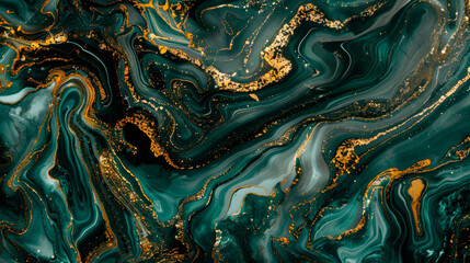 The surface of green and gold marble unveils intricate details, where each swirl and vein tells a story of elegance and opulence. Banner. Copy space.