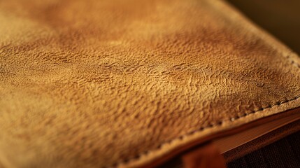 Extreme close-up of a suede notebook cover, velvety texture, soft tan, sharp detail. 