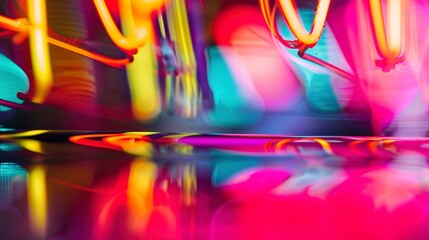 Detailed view of neon light reflections, vibrant colors, glossy surface, studio lighting. 