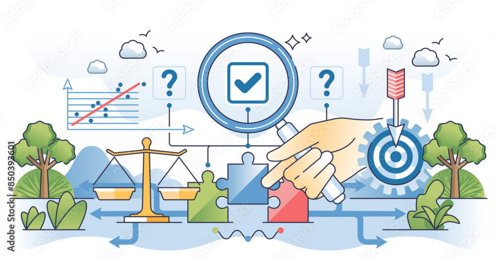 Poster decision making process with information analyzing outline hands concept, transparent background. bu