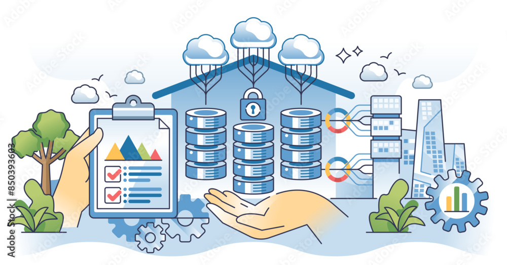 Aufkleber data warehousing and information storage management outline hands concept, transparent background.se