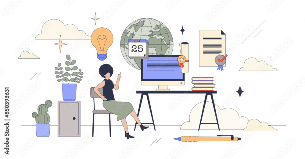 Poster online degree and university graduation tiny person neubrutalism concept, transparent background. di