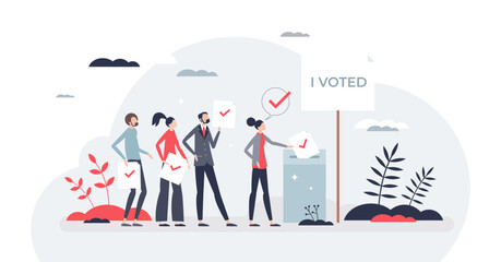 Voting and elections as democratic community process tiny person concept, transparent background. Political choice and patriotic activism with ballot and parliament options illustration.