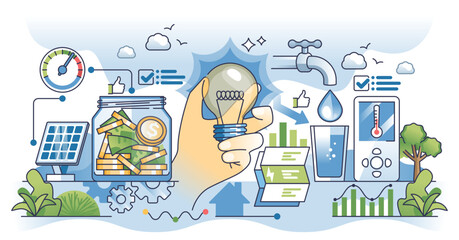 Utility bill savings to reduce financial expenses outline hands concept, transparent background. Calculate budget for electricity, water, heating and power usage illustration.