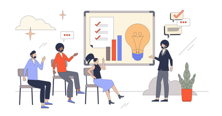 Corporate training or business team coaching tiny person neubrutalism concept, transparent background. Leadership or mentoring as key element for successful employee work achievements illustration.