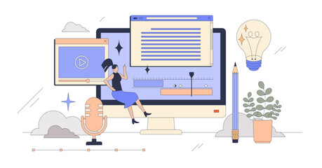 Content creation for online social media tiny person neubrutalism concept, transparent background. Podcast making or influencer blogging process with video, audio and text editing.