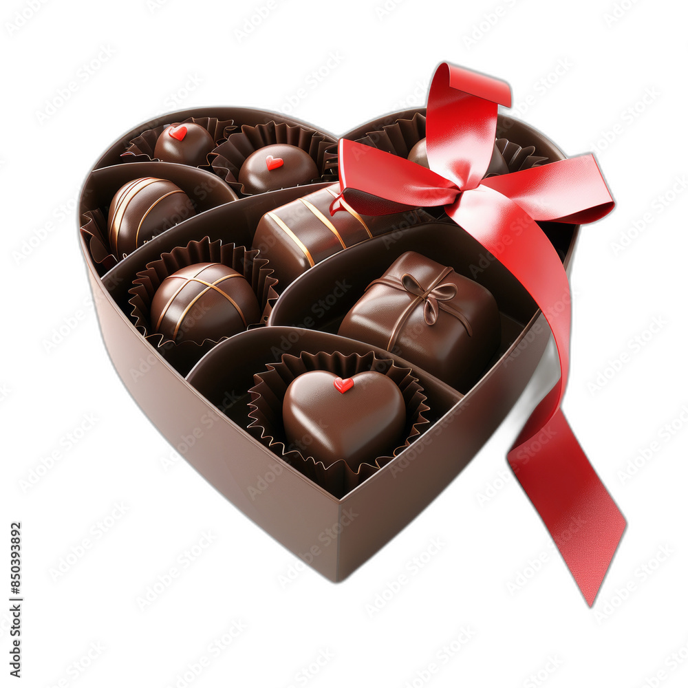 Poster the box has an open lid and a ribbon inside with chocolate inside, png, isolated on a transparency b