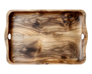 Rustic wooden serving tray with natural wood grain patterns on transparent background
