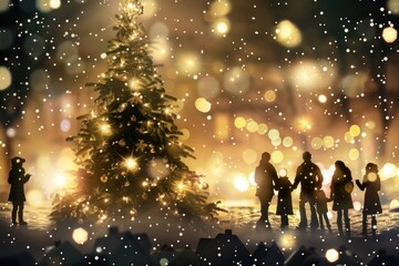 Obraz premium Happy Family Walking Together Among Christmas Lights During Winter Snowfall