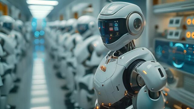 White robots in a hallway showing automotive, protective gear, and engineering