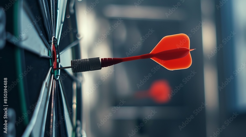 Poster Businessman throwing red arrow dart to virtual target dart board Setup objectives and target for business investment concept : Generative AI