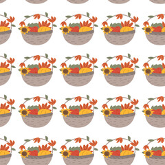 Fall thanksgiving pattern with autumn leaves and plants, animals. Cute fabric design. Thanksgiving day seamless background in traditional colors for clothes, textile, wrapping papers. Cute elements.