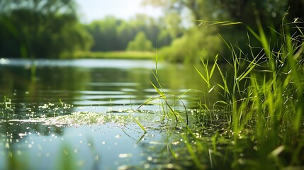 Obraz premium Summer lake on green natur landscape : Generative AI