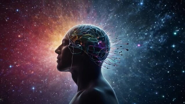 A man with his brain neural connections out of head in the space sky, human brain sky stars galaxies neuron abstract side view Generative AI