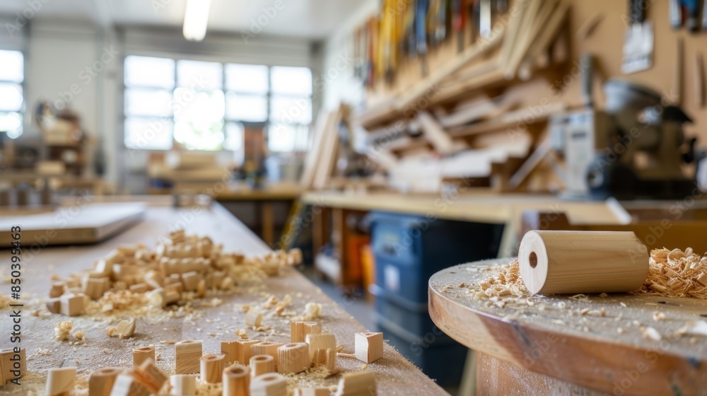 Poster indistinct objects taking form in a woodworking class