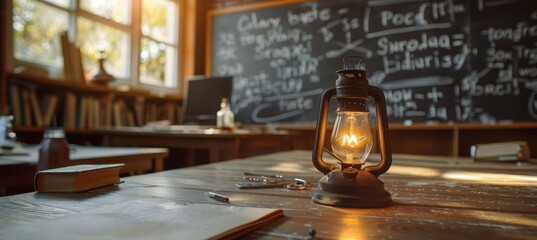 Illuminated lamp symbolizing scientific thought with physical and math formulas background