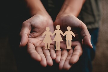 A close-up of hands holding three paper cutout figures representing a family, symbolizing protection and care