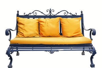 A classic outdoor bench featuring ornate black ironwork, freshly revitalized with bright yellow cushions.
