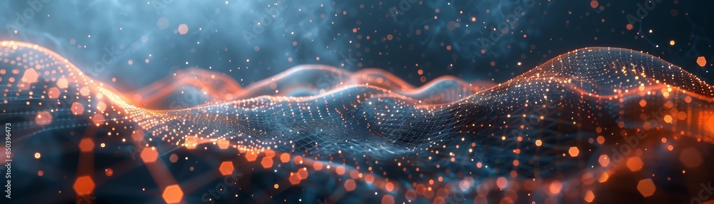 Poster abstract glowing futuristic wave with particles.