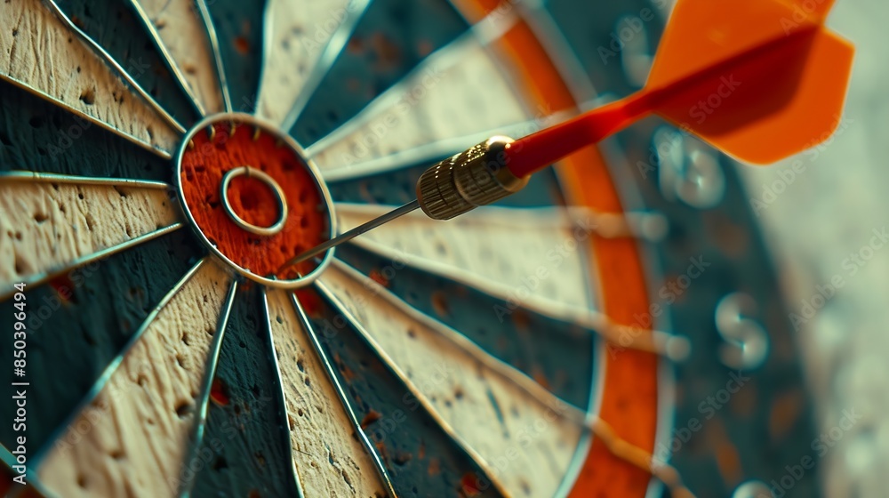 Poster bullseye target goal or dartboard has dart arrow throw hitting center shooting for financial busines