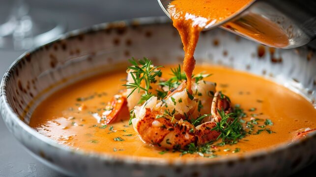 The photo shows a bowl of delicious lobster bisque with cream.