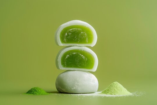 Stacked matcha mochi with green powder on green background