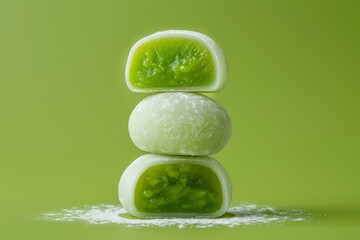 Stacked green tea mochi with filling on green background