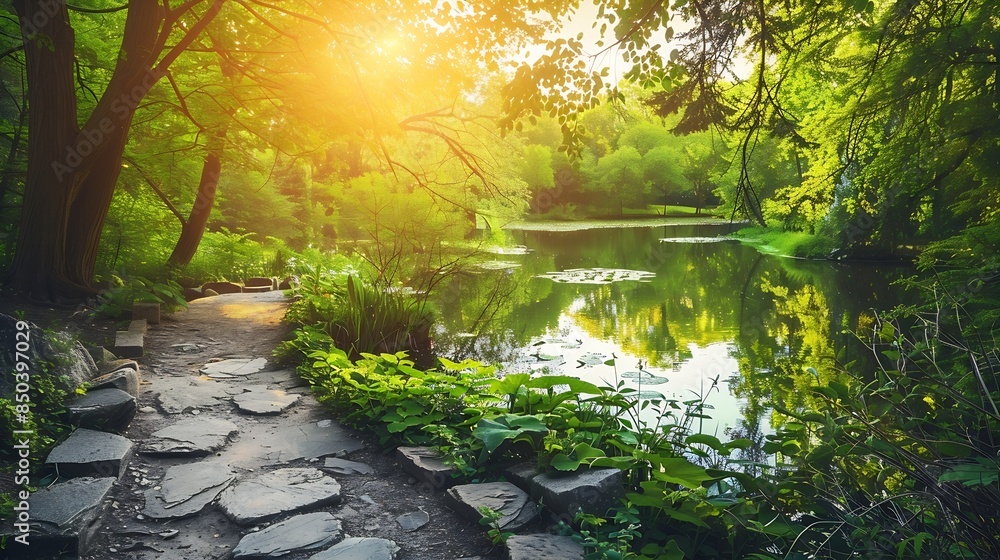 Poster beautiful colorful summer spring natural landscape with a lake in park surrounded by green foliage o