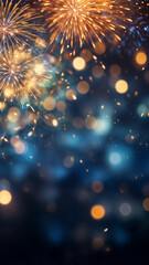 Obraz premium Blue and gold Abstract background with fireworks and bokeh on New Year's Eve, Independence day 4th of July.