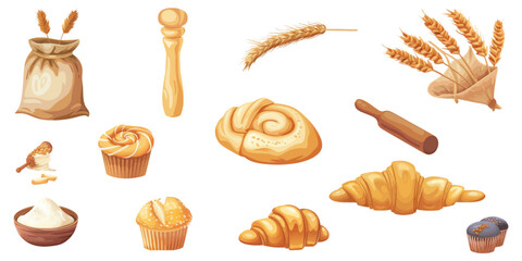 set of vector illustrations on a white background, bakery elements