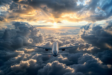Dramatic sunset sky with silhouetted airplane soaring through majestic clouds