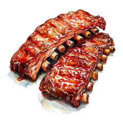 Watercolor illustration of pork ribs with sauce on a white background