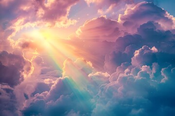 Dramatic Vibrant Cloudscape with Glowing Sunset Sunbeams and Ethereal Skies
