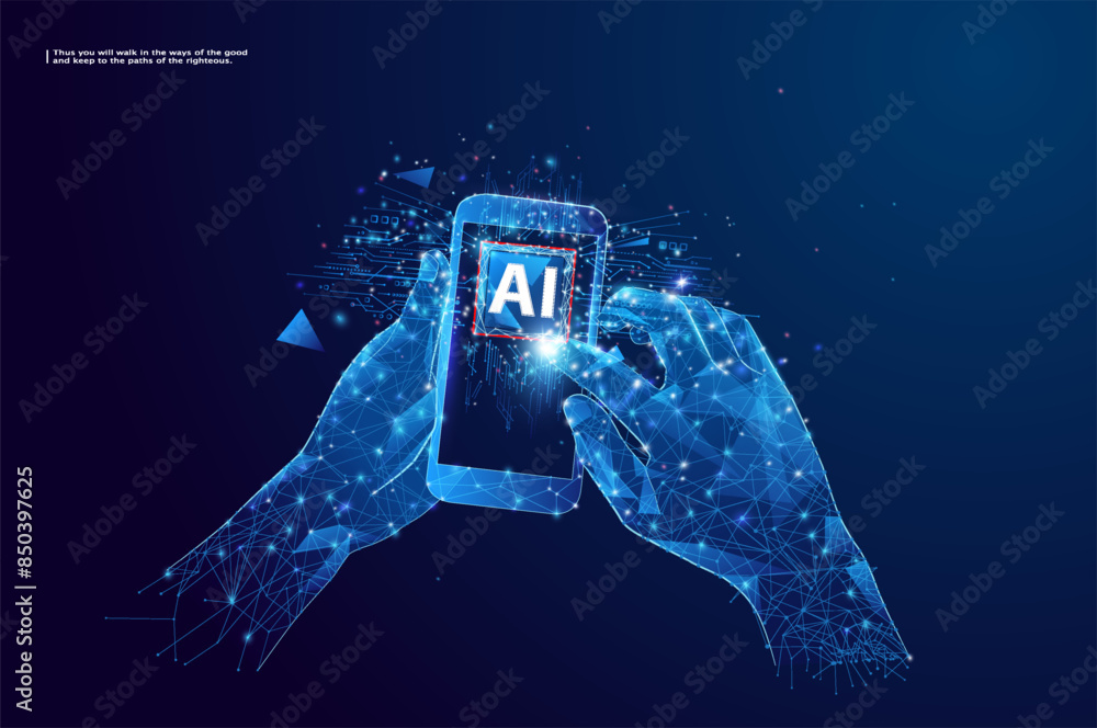 Poster hand pointing on ai to command search business information, artificial intelligence concept. vector 