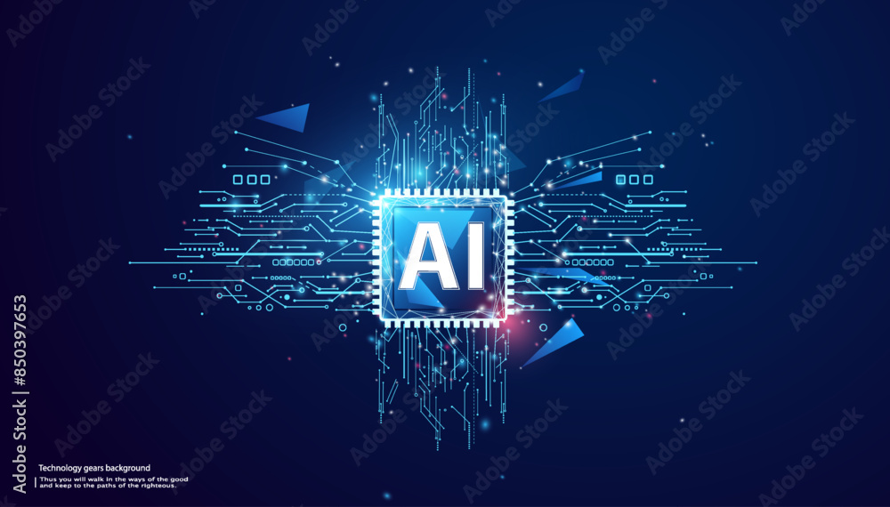 Aufkleber AI chip on technology background. Free text space. Abstract digital tech background.
