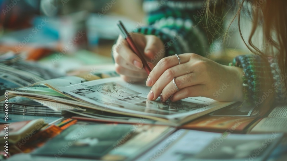 Poster hazy glimpses of fingers gently tracing photos and adding heartfelt captions in the scrapbooking cla