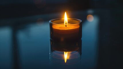 Tea light candle aflame against dark backdrop reflecting in dark mirror detailed perspective