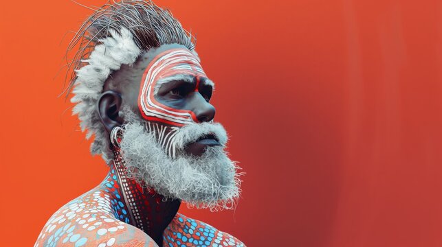 portrait of an aboriginal man with a white beard and face paint