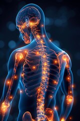 腰痛や膝痛など、青とオレンジで痛みのポイントを強調した人体のイラスト