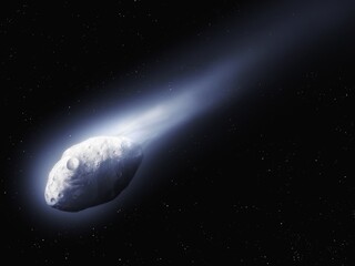 Beautiful comet in space. Bright comet tail. Ice evaporates from the comet's surface when exposed...