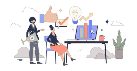 Motivation at work with leader empowerment tiny person neubrutalism concept, transparent background. Award or reward for good job results and profit illustration.